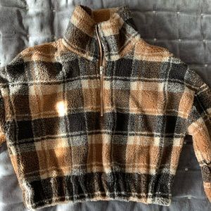 Cropped Brown Plaid Teddy Jacket